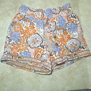 Nicole Miller Floral & Geometric Print Linen Shorts L With Beaded Drawstring & C